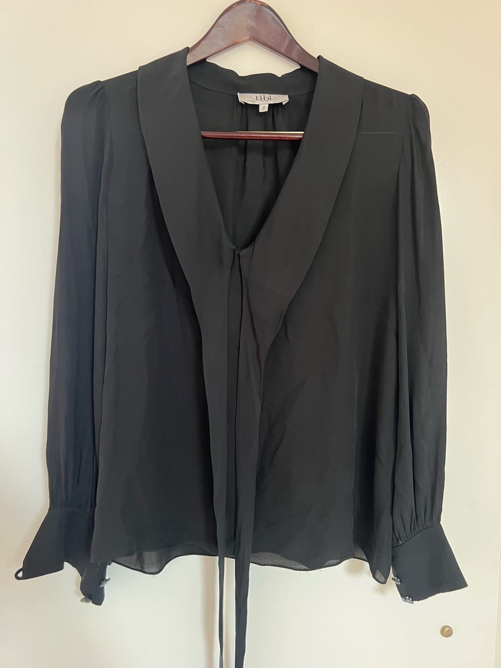 Tibi Black Long-Sleeve Tie-Neck Blouse with Shawl Collar